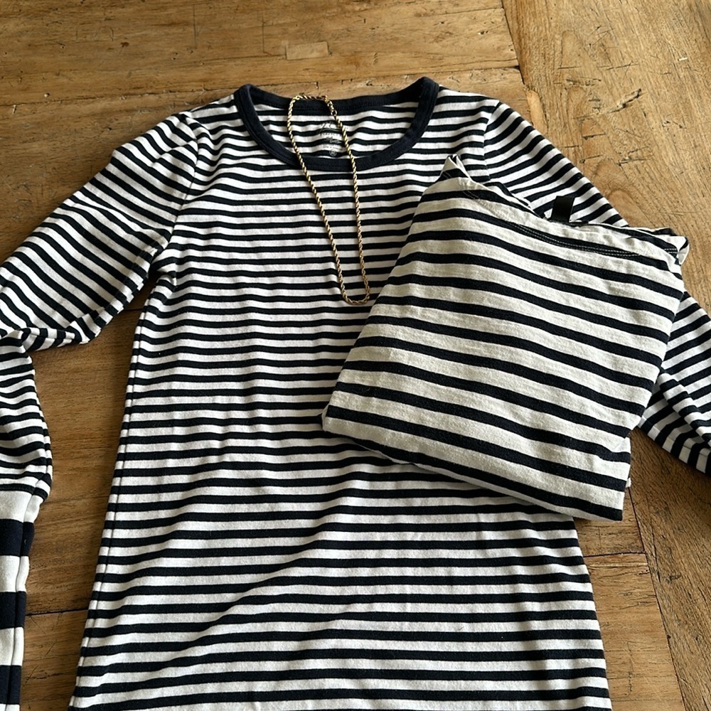 SAILOR CHIC: 2 JCREW Navy/White Striped Shirts and gold tone chain